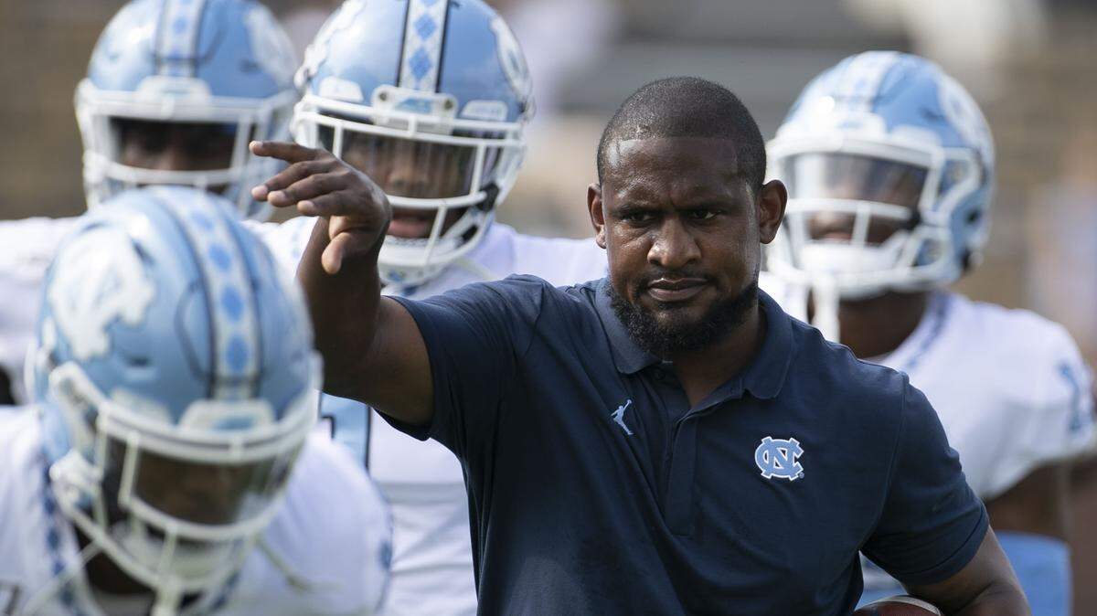 North Carolina cornerbacks coach Dre Bly works with his unit prior to the Tar Heels' game against Georgia Tech on Saturday, October 5, 2019, at Bobby Dodd Stadium in Atlanta, Georgia.