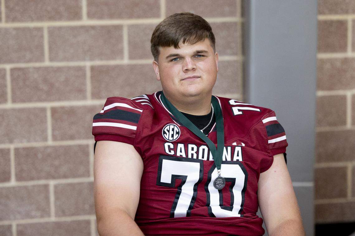 South Carolina football freshman Jake Recker (70) appears at the annual Pigskin Poets event held Friday, July 12, 2024 at Drew Wellness Center in Columbia.