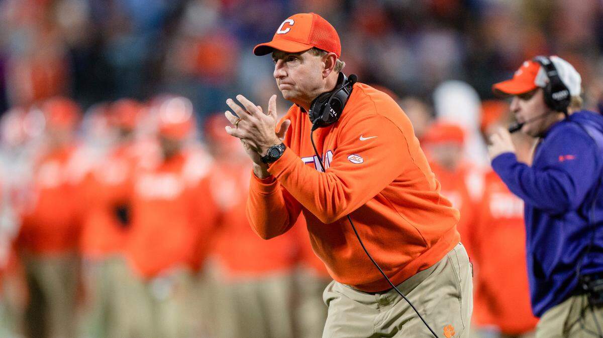 Clemson head coach Dabo Swinney looks on during the Atlantic Coast Conference championship NCAA college football game against North Carolina on Saturday, Dec. 3, 2022, in Charlotte, N.C. (AP Photo/Jacob Kupferman)