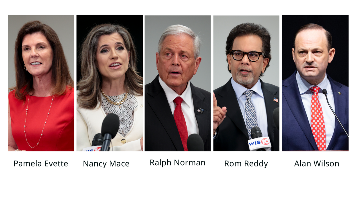 Lt. Gov. Pamela Evette, U.S. Rep. Nancy Mace, U.S. Rep. Ralph Norman, businessman Rom Reddy and Attorney General Alan Wilson.