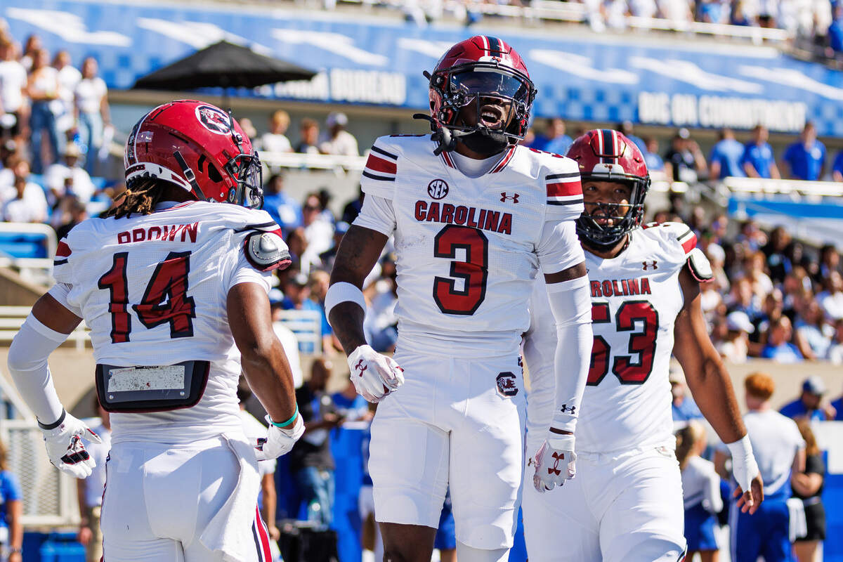 South Carolina Gamecocks wide receiver Mazeo Bennett Jr. (3) celebrates after scoring a touchdown during the first quarter against the Kentucky Wildcats at Kroger Field.