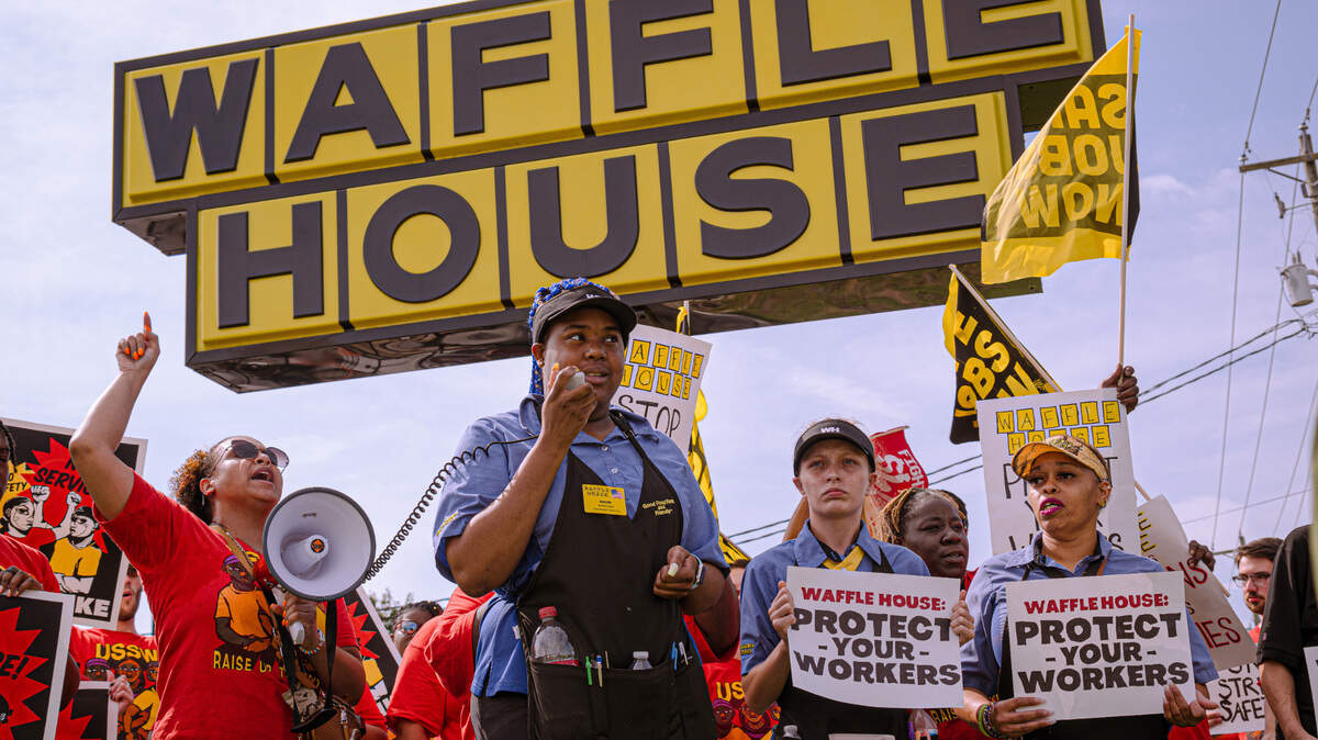 A worker at a Garners Ferry Road Waffle House in Columbia, South Carolina, speaks following a walkout over dangerous working conditions, mandatory meal deductions and scheduling on July 8, 2023.