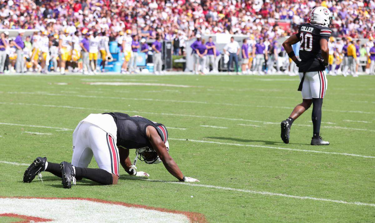 South Carolina defensive back Nick Emmanwori (7) reacts after having a pick-six negated by a penalty during the second half of South Carolina’s game against LSU in Columbia on Saturday, September 14, 2024.