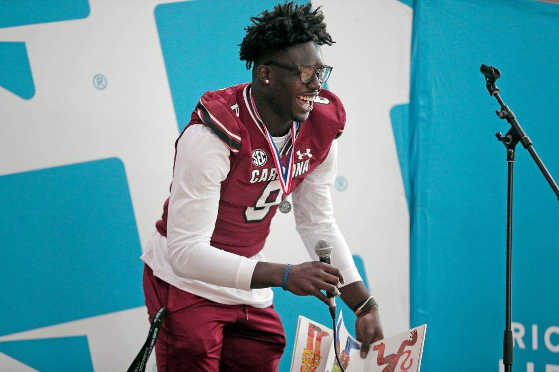 Nyck Harbor and the University of South Carolina football team freshmen took part in the annual Pigskin Poets reading event Friday, July 21, 2023 at the Drew Wellness Center in Columbia.
