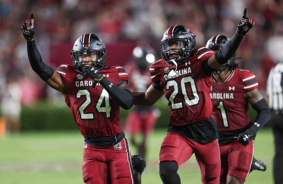 South Carolina defensive back Jalon Kilgore (24) celebrates after making an interception during the second half of the Gamecocks’ season opener against Old Dominion in Columbia on Saturday, August 31, 2024.