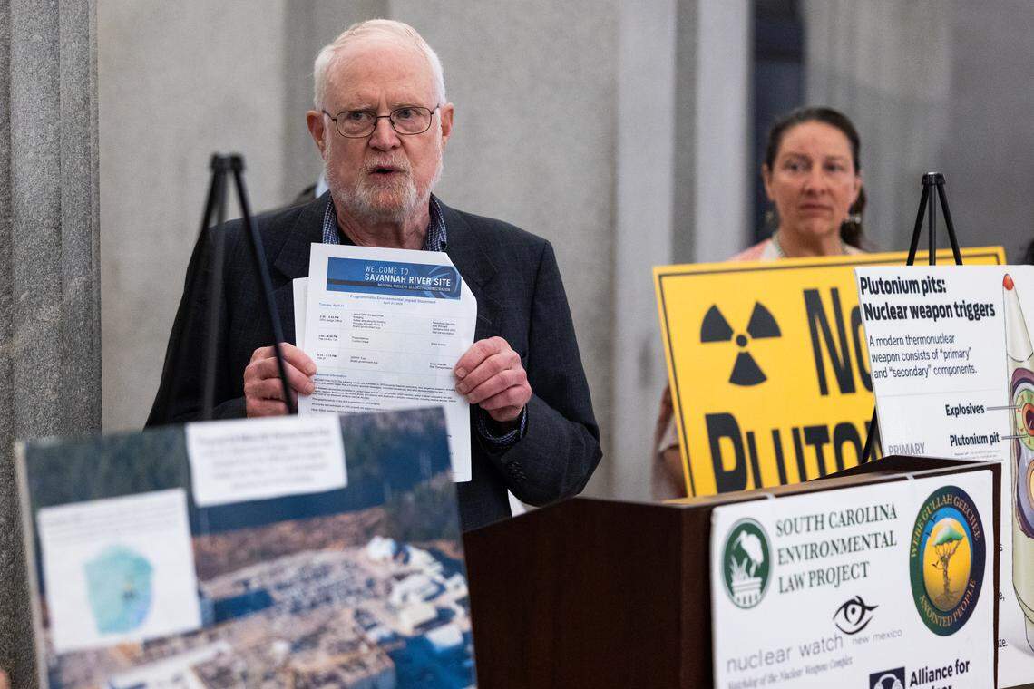 Tom Clements, an activist with Savannah River Site Watch, describes what he and others saw on a tour of the Savannah River Site on Tuesday April 21, 2026. The National Nuclear Security Administration wants to produce 50 plutonium pits, which serve as the core of a nuclear bomb, at the Savannah River Site a year.