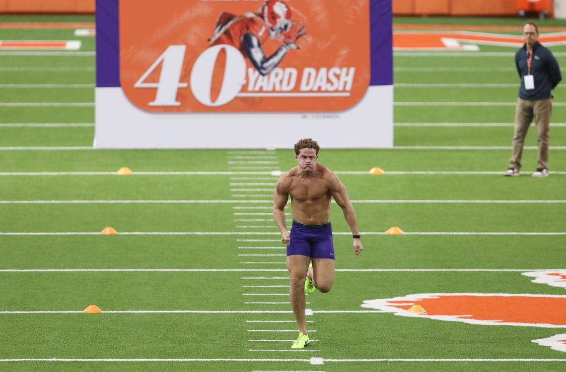 Clemson linebacker Wade Woodaz runs the 40-yard dash during the team’s 2026 NFL pro day at the Poe Indoor Practice Facility on March 12.