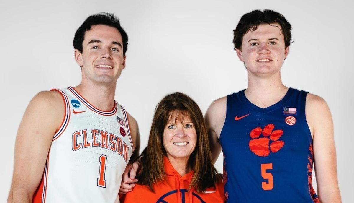Clemson basketball players Nick Davidson (left) and Blake Davidson (right) with their mom, Kelly. Kirk (basketball) and Kelly (volleyball) met in the early 1990s at Nevada, where they were both college athletes.