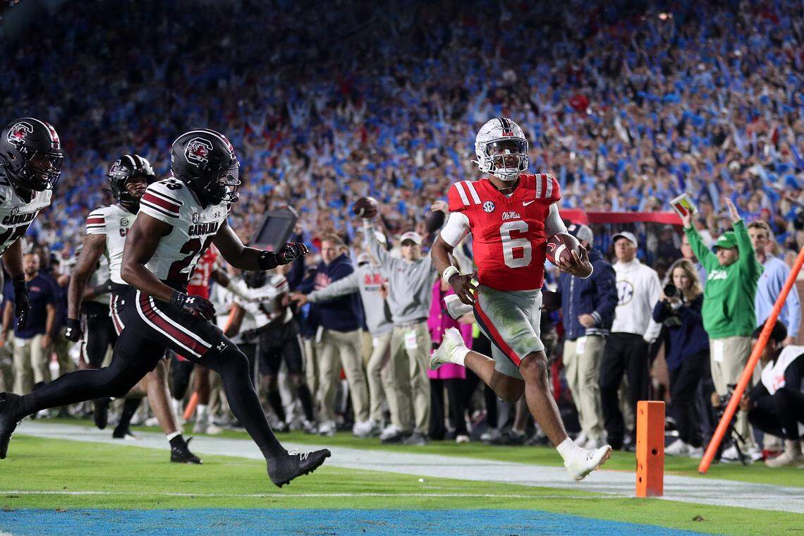 Trinidad Chambliss #6 of the Mississippi Rebels rushes for a touchdown during the first half against the South Carolina Gamecocks at Vaught-Hemingway Stadium on November 01, 2025 in Oxford, Mississippi.