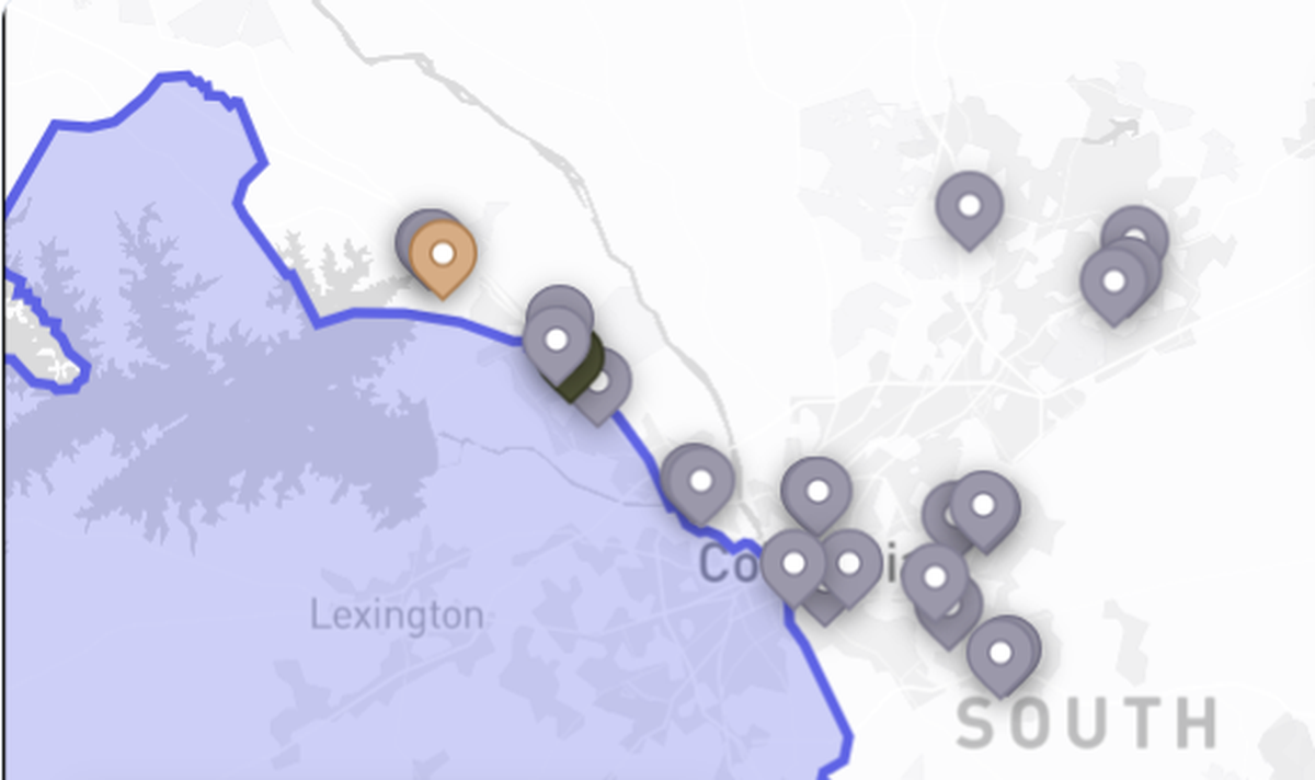 Sites that draw customers from Lexington County can be identified by mapping cell phone location data in Placer.AI.