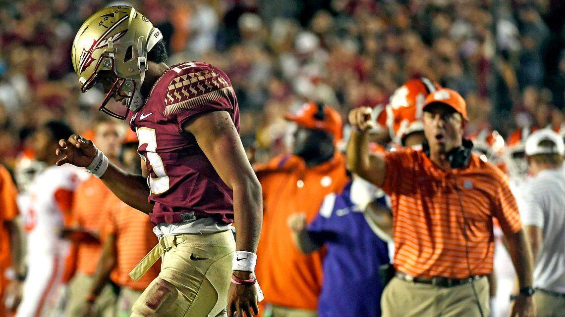 Oct 15, 2022; Tallahassee, Florida, USA; Clemson Tigers head coach Dabo Swinney reacts as Florida State Seminoles quarterback Jordan Travis (13) walks off the field during the second half at Doak S. Campbell Stadium. Mandatory Credit: Melina Myers-USA TODAY Sports