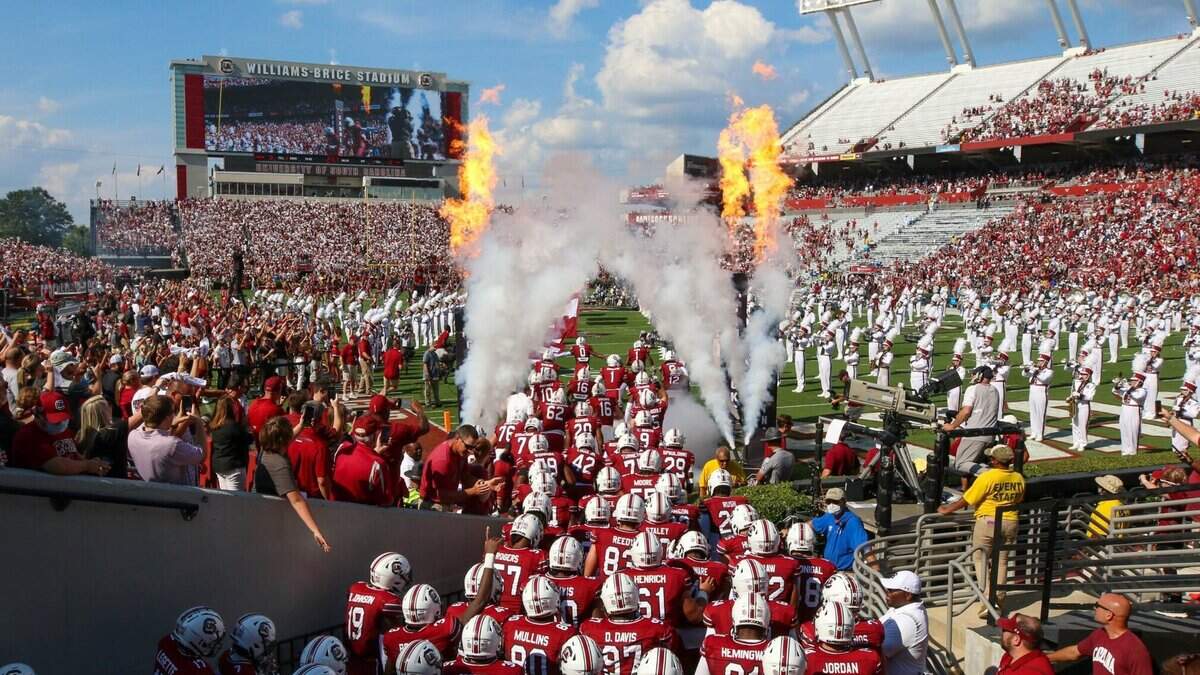 The Gamecocks enter the field to play Troy on Saturday, Oct. 2, 2021 at Williams-Brice Stadium.
