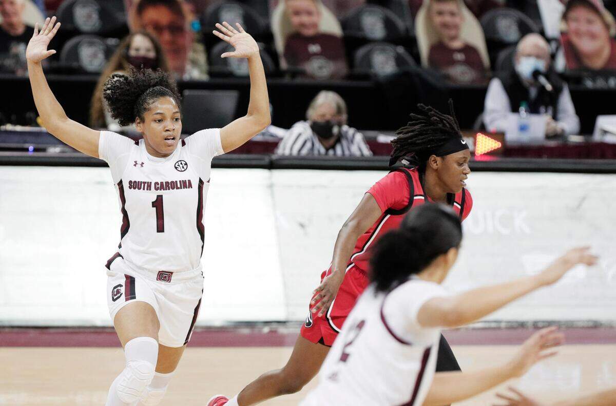 South Carolina Gamecocks guard Zia Cooke (1) raises her hand during a game against the University of Georgia at Colonial Life Arena on Thursday, January 21, 2021.
