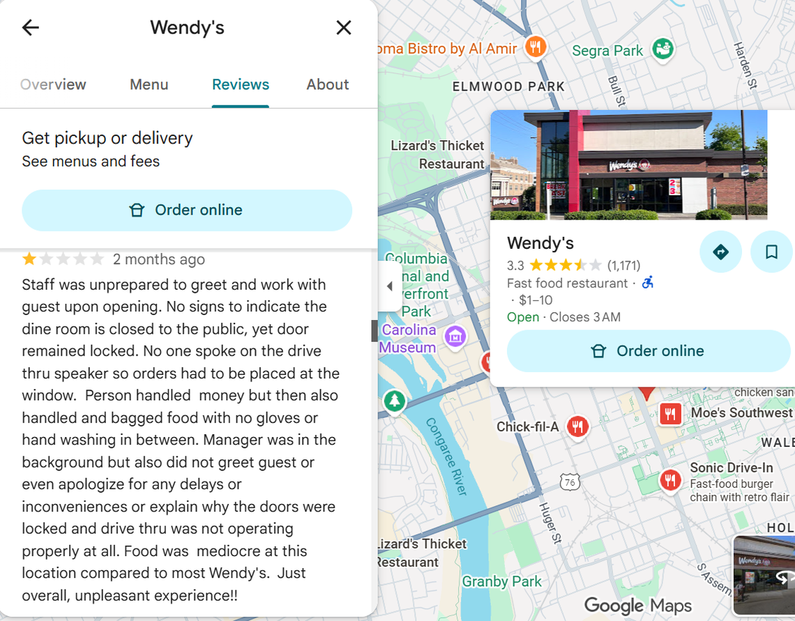 Google Maps review for Wendy’s on 804 Assembly Street.