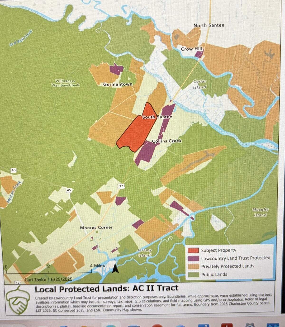 This map shows part of the more than 1,400 acres being saved from development in northern Charleston County under an agreement between environmentalists and a timber company.
