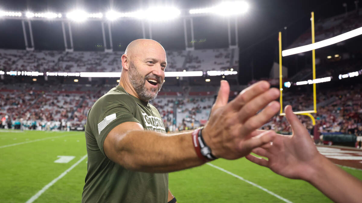 South Carolina assistant coach Mike Furrey is congratulated following the Gamecocks’ game against Coastal Carolina at Williams-Brice Stadium in Columbia on Saturday, November 22, 2025.



