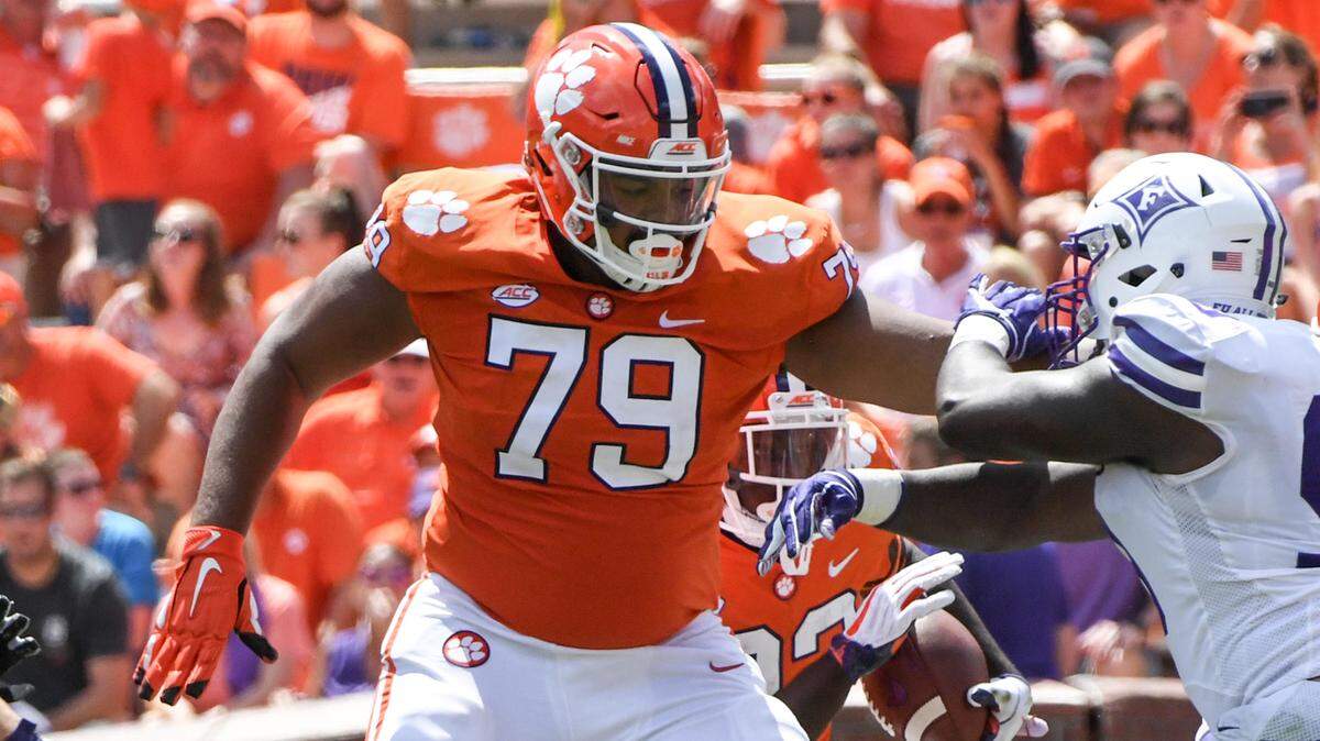Clemson offensive lineman Jackson Carman (79) blocks against Furman during the third quarter in Memorial Stadium in Clemson on September 1.