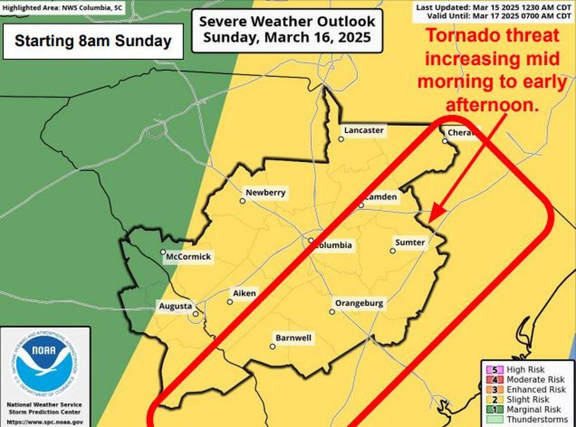 Severe weather is forecast to affect the Midlands area of South Carolina.