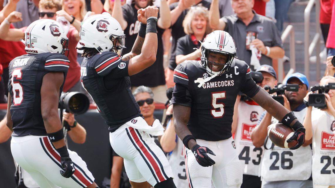 University of South Carolina running back Raheim Sanders (5) plays the Louisiana State University Tigers at Williams-Brice Stadium on Saturday, September 14, 2024.