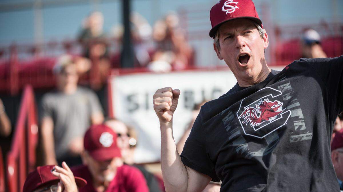 A South Carolina fan celebrates a strikeout by pitcher Adam Hill against LSU at Founders Park Saturday, April 21, 2018, in Columbia, S.C.