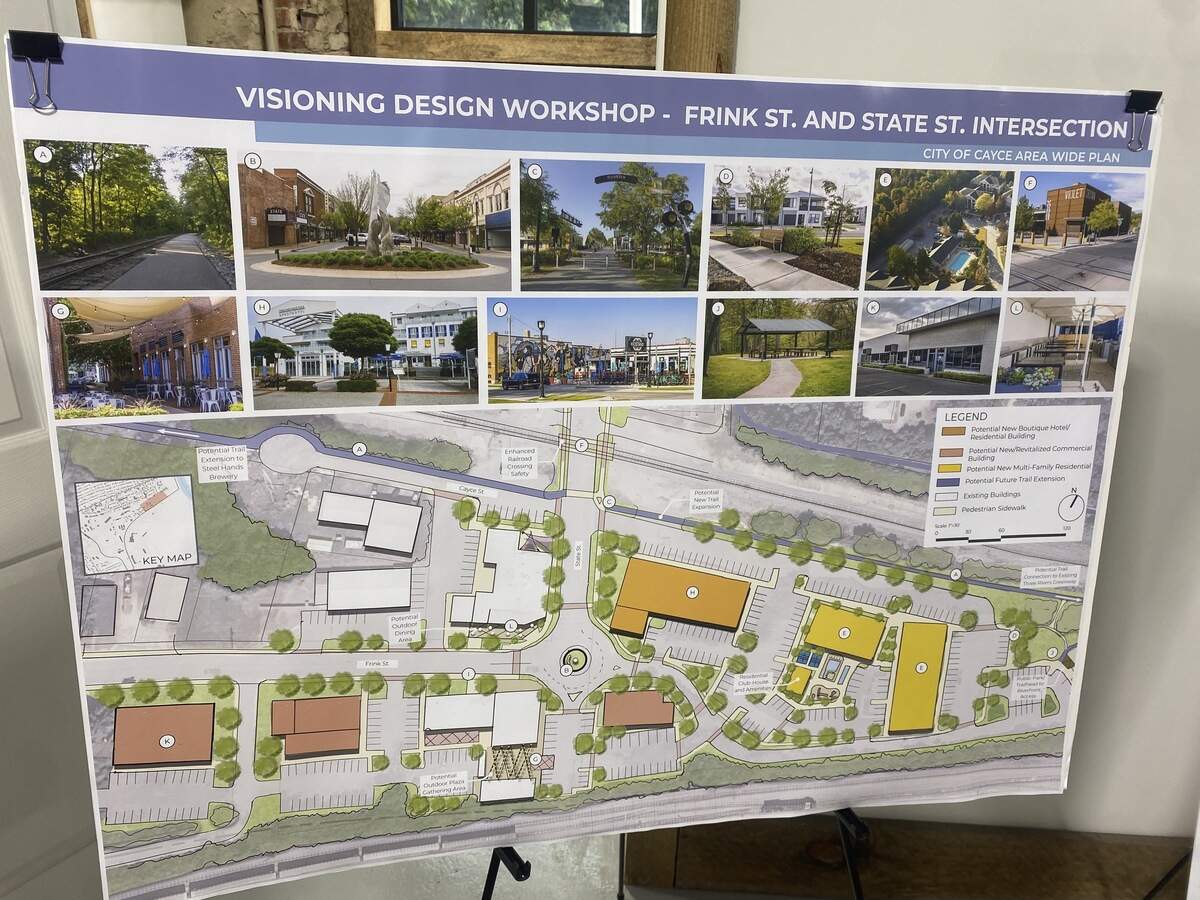 A map shown at a design workshop held by the City of Cayce July 13, 2026, showing proposed re-development for the State Street and Frink Street corridors.