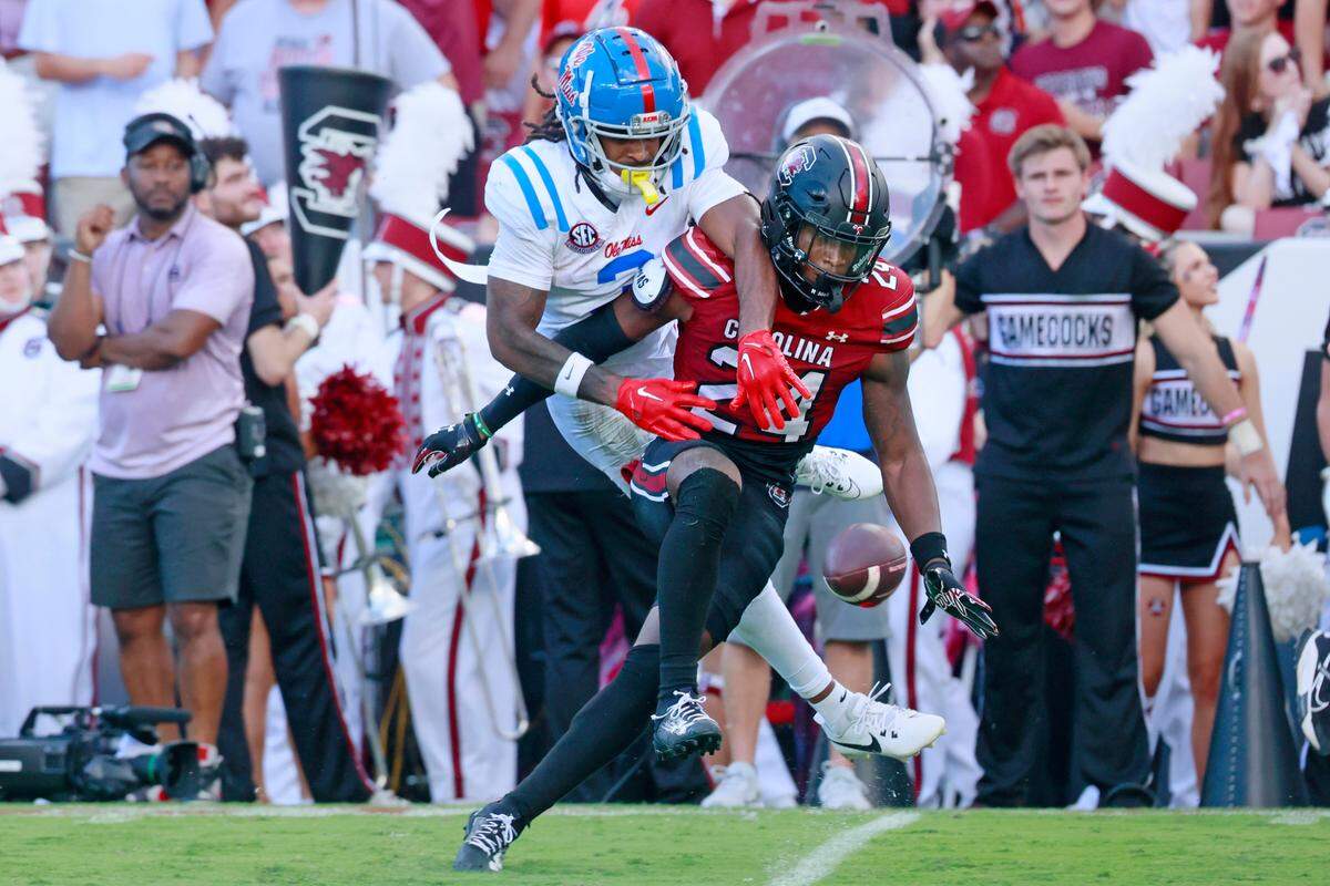 South Carolina defensive back Jalon Kilgore (24) blocks Mississippi wide receiver Antwane “Juice” Wells Jr. (3) on Saturday, October 5, 2024.