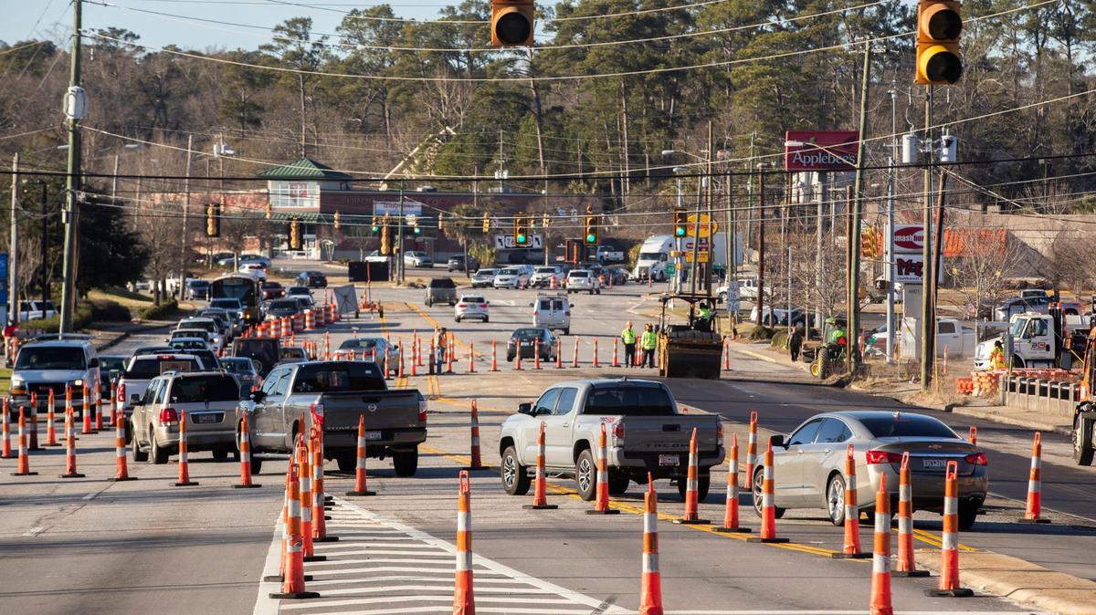 A new traffic pattern to give space for construction on Garners Ferry Road near Cross Hill Market on Tuesday, January 18, 2022.