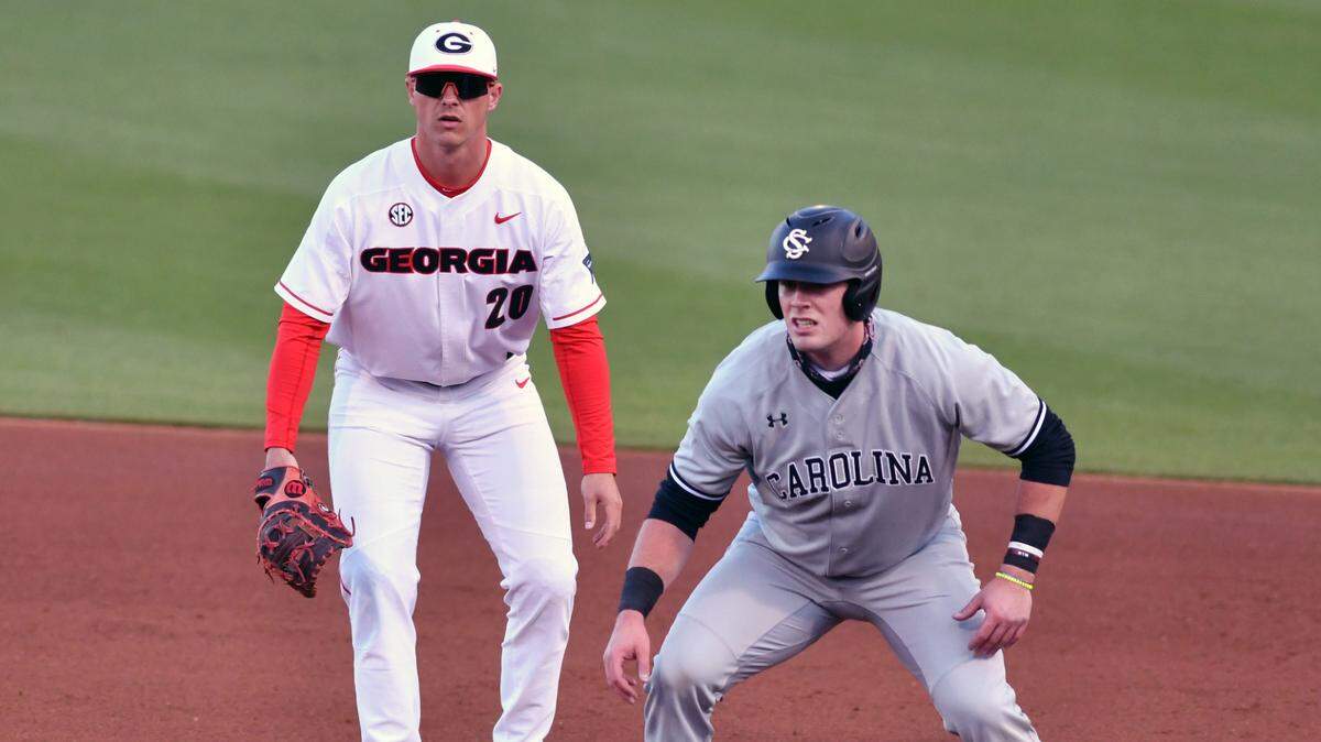 Georgia outfielder and first baseman Chaney Rogers (20) during a game against South Carolina at Foley Field in Athens, Ga., on Friday, April 2, 2021. (photo by Rob Davis)