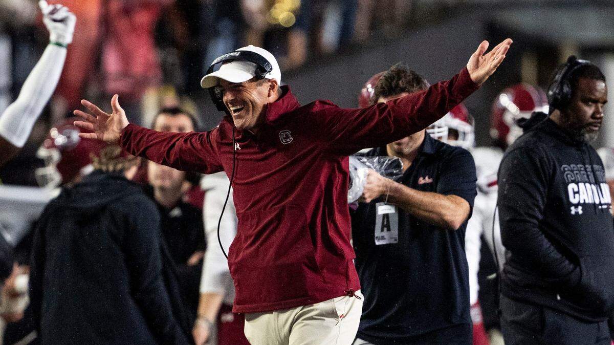 South Carolina Gamecocks head coach Shane Beamer reacts to the win against Vanderbilt Commodores at FirstBank Stadium in Nashville, Tenn., Saturday, Nov. 9, 2024.