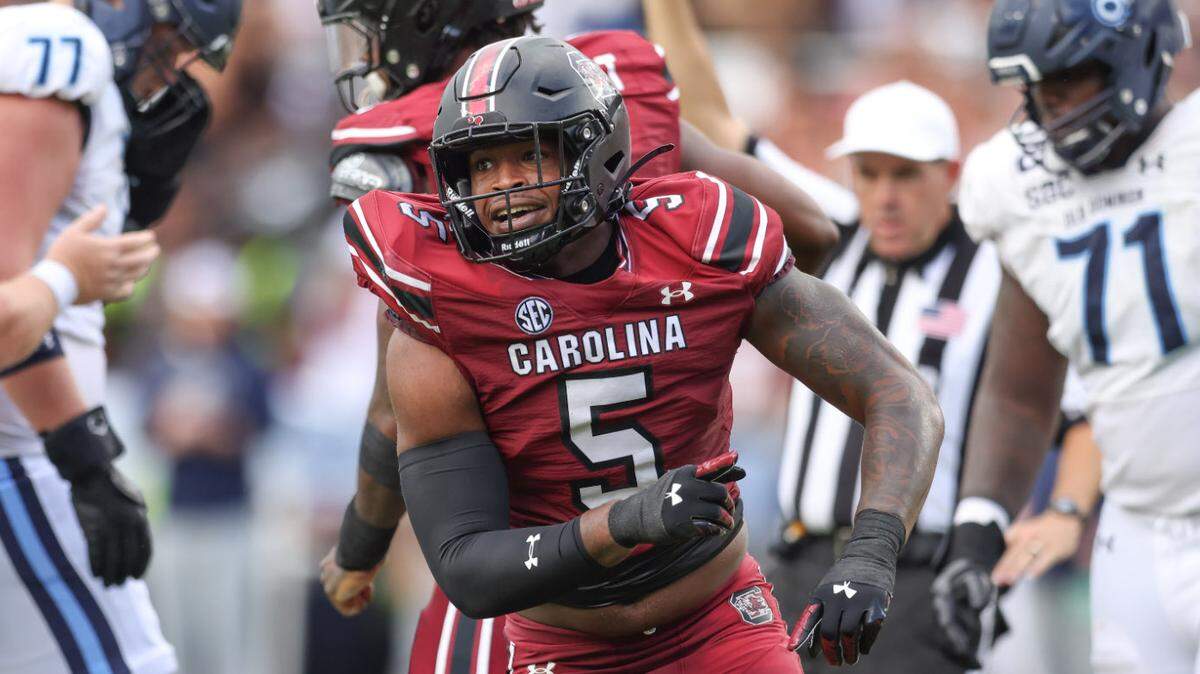 South Carolina edge Kyle Kennard (5) celebrates after making a stop during the Gamecocks’ game against Old Dominion in Columbia on Saturday, August 31, 2024.