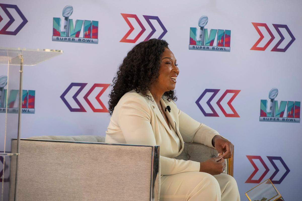 Sabrina Greenlee speaking at a panel ahead of Super Bowl LVII in 2023