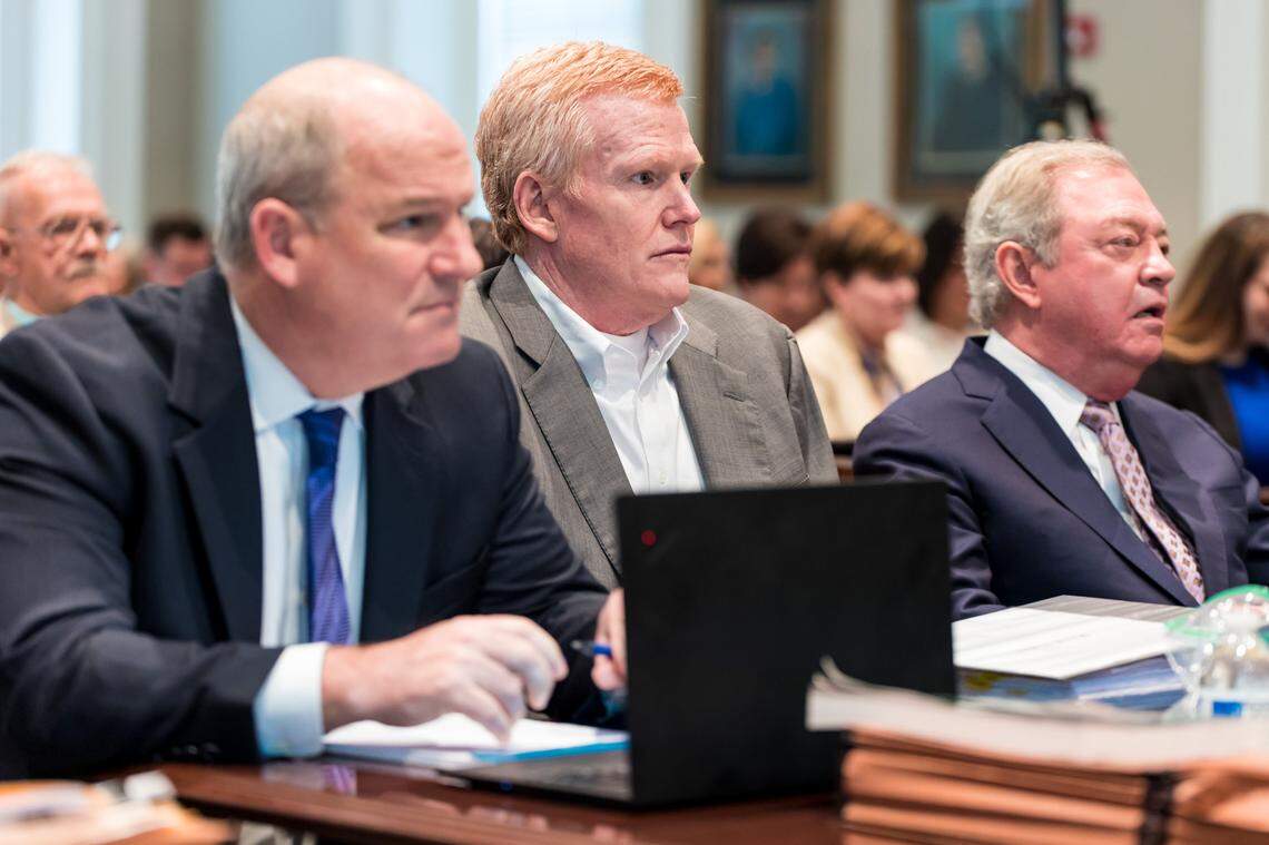 Alex Murdaugh, center, with defense attorney Dick Harpootlian, right, and defense attorney Jim Griffin during day 16 of his double murder trial at the Colleton County Courthouse on Monday, Feb. 13, 2023. Jeff Blake/The State/Pool
