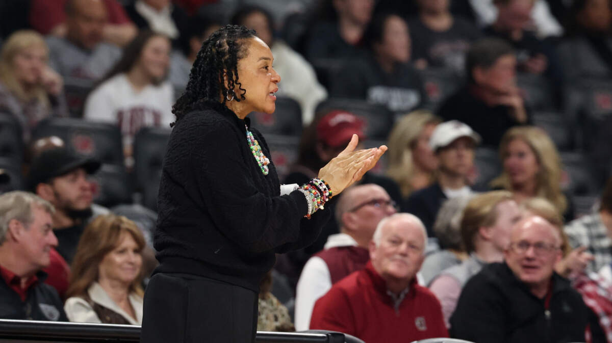 South Carolina head coach Dawn Staley applauds her team during the second half of action of their women's basketball game against Grand Canyon at Colonial Life Arena on Monday, Nov. 3, 2025.
