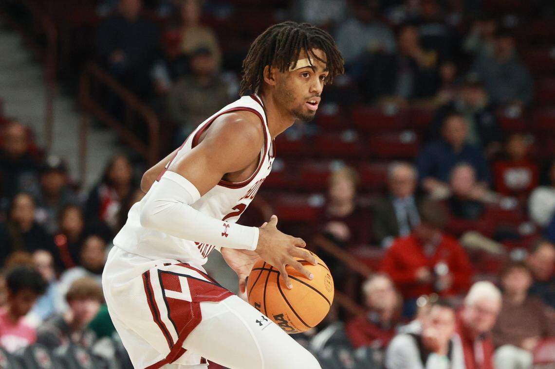South Carolina Guard Cam Scott (23) warms up before playing East Carolina at Colonial Life Arena on Saturday, December 7, 2024.