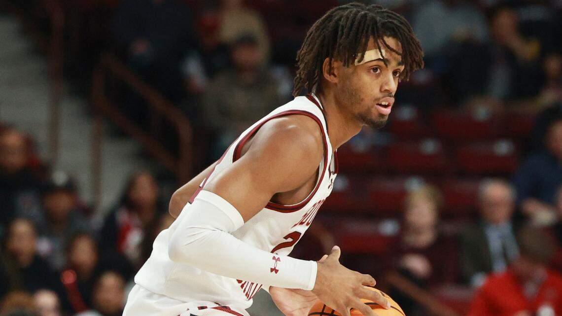 South Carolina Guard Cam Scott (23) warms up before playing East Carolina at Colonial Life Arena on Saturday, December 7, 2024.