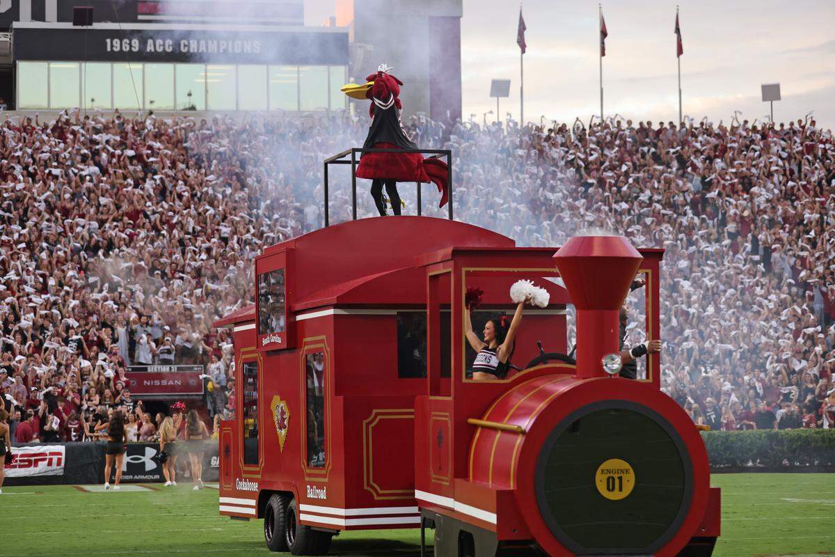 Cocky appears from a Cockaboose as part of the mascot’s new gameday entrance at Williams-Brice Stadium.