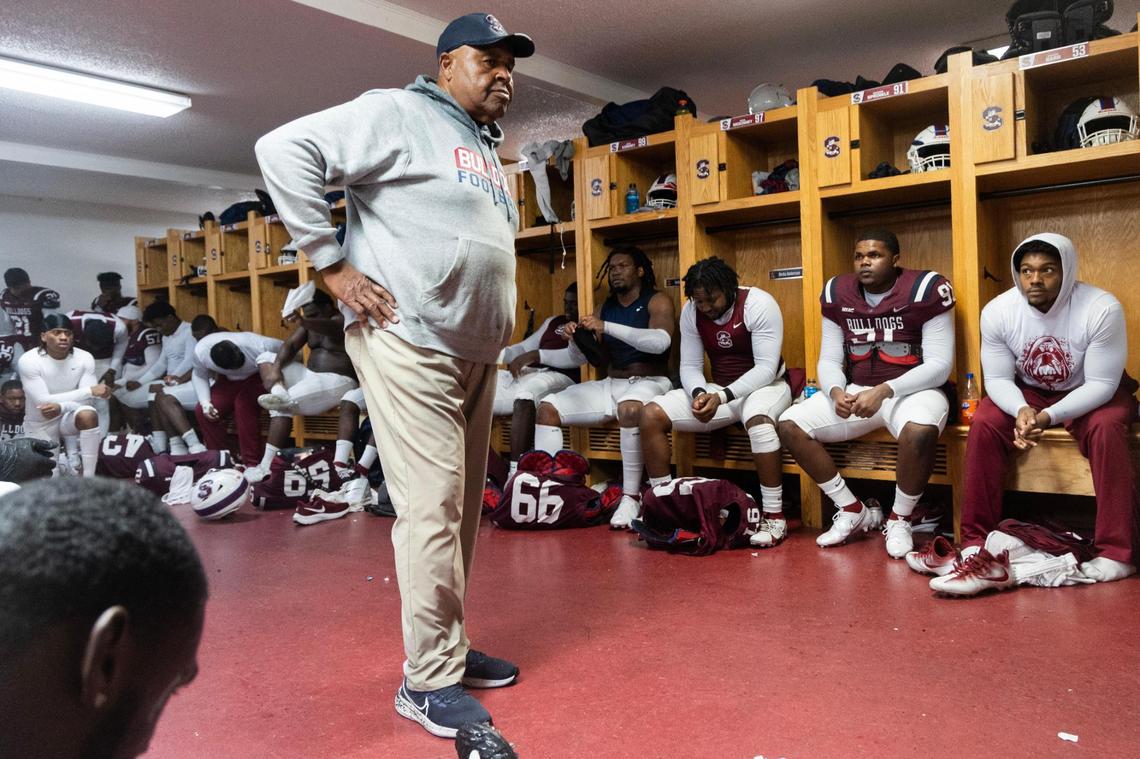 Coach Buddy Pough speaks to his team after South Carolina State lost to Morgan State on Saturday, November 11, 2023. This is the longtime head football last home game as coach.