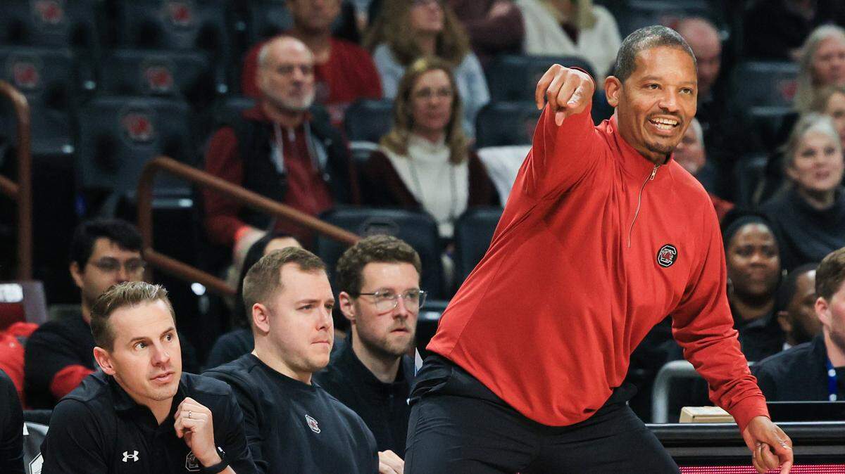 South Carolina men’s basketball head coach Lamont Paris speaks to his team as they play Stetson at Colonial Life Arena on Saturday, December 6, 2025.