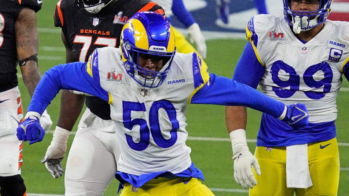 Los Angeles Rams inside linebacker Ernest Jones (50) celebrates his sack against the Cincinnati Bengals during the second half of the NFL Super Bowl 56 football game Sunday, Feb. 13, 2022, in Inglewood, Calif. (AP Photo/Julio Cortez)