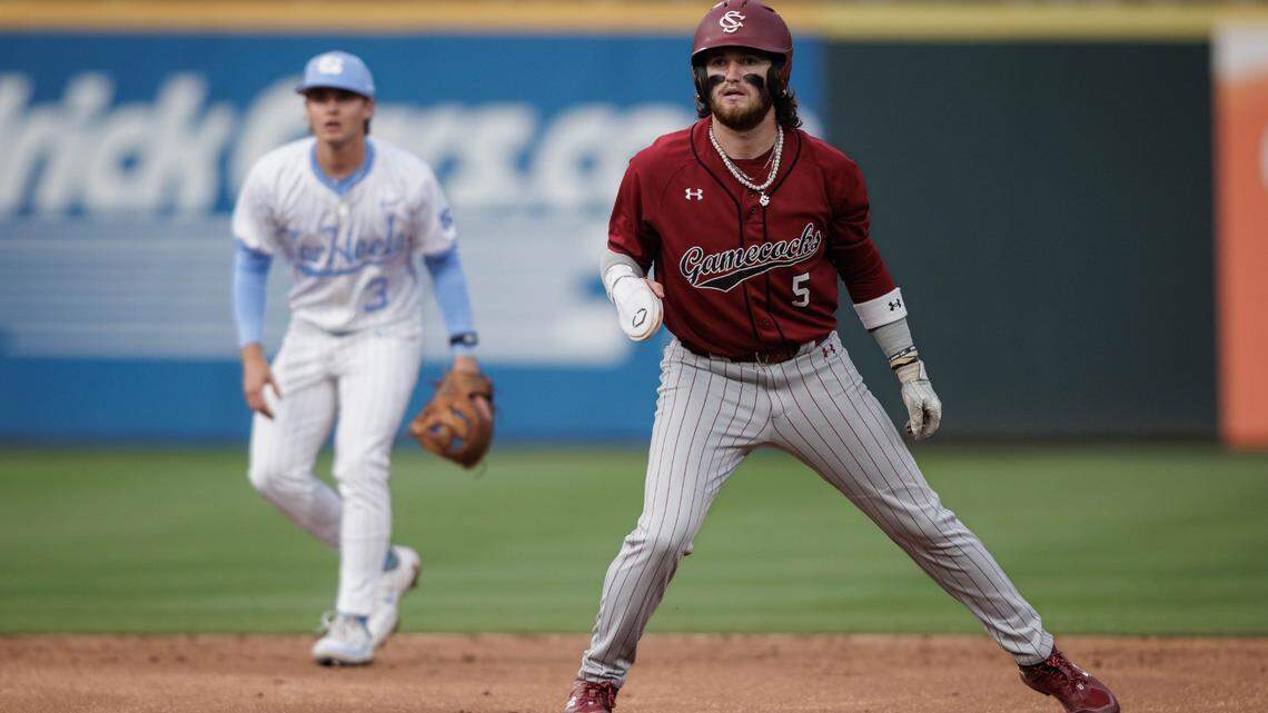 Gamecock’s Talmadge LeCroy looks to steal 3rd. North Carolina and South Carolina would play at Truist Field on April 9, 2024.