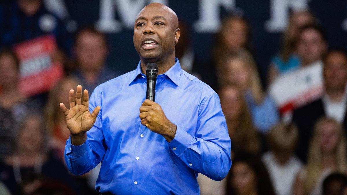 Senator Tim Scott announces his bid for the presidency at Charleston Southern University on Monday, May 22, 2023.