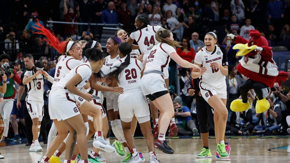 The University of South Carolina Gamecocks celebrate winning the national championship game against UConn at the Target Center in Minneapolis, Minn. on Sunday April 3, 2022.