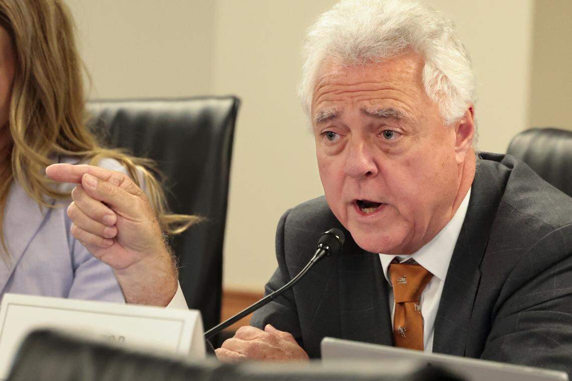 State Sen. Larry Grooms, R-Berkeley, asks questions of South Carolina treasurer Curtis Loftis during senate sub-committee on finance on Thursday, Feb. 27, 2025.