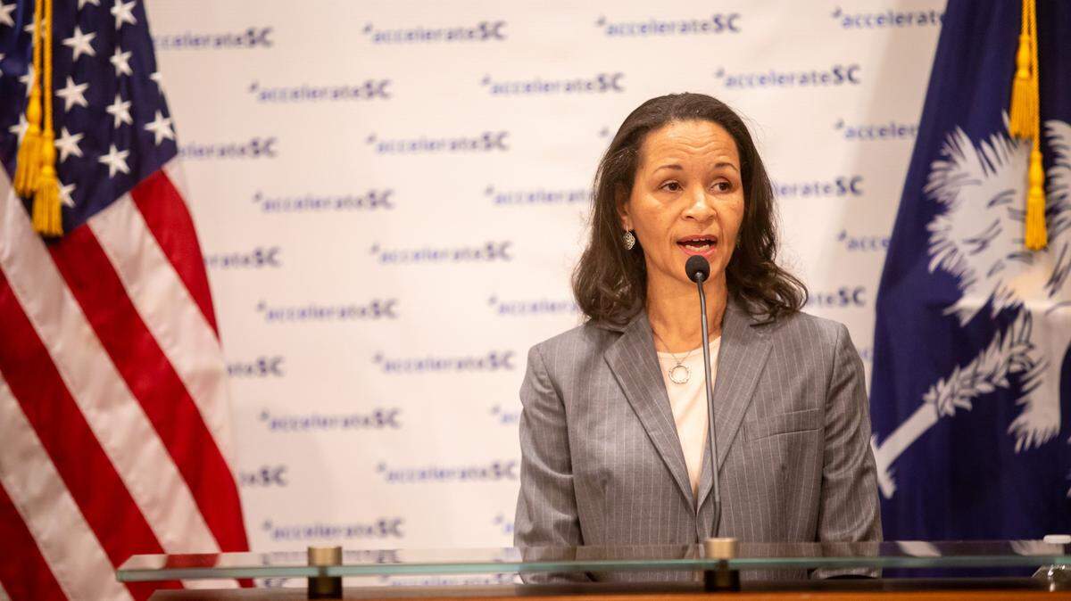State Epidemiologist Linda Bell speaks during a press conference at the USC Alumni Center in Columbia, SC.