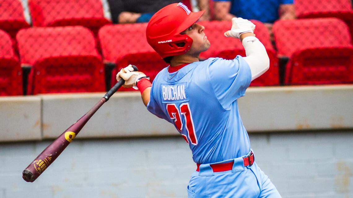 A.C. Flora catcher Zander Buchan swings during a game against Westwood this season.