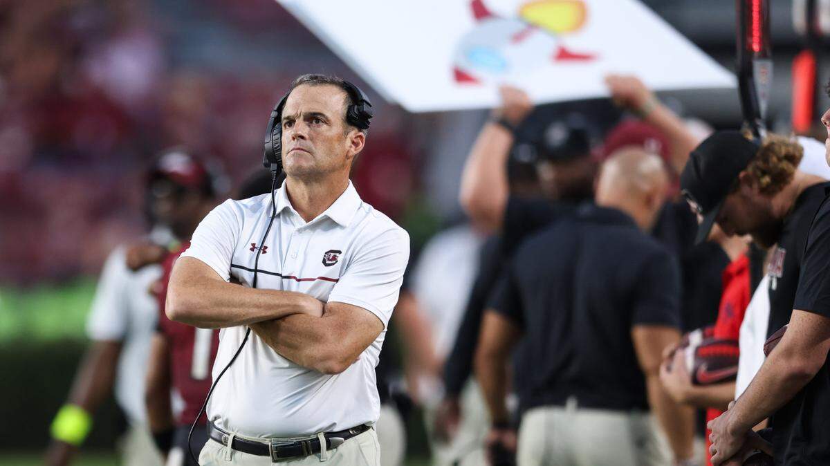 South Carolina head coach Shane Beamer looks toward the scoreboard during the second half of the Gamecocks’ game against Mississippi at Williams-Brice Stadium in Columbia on Saturday, October 5, 2024.