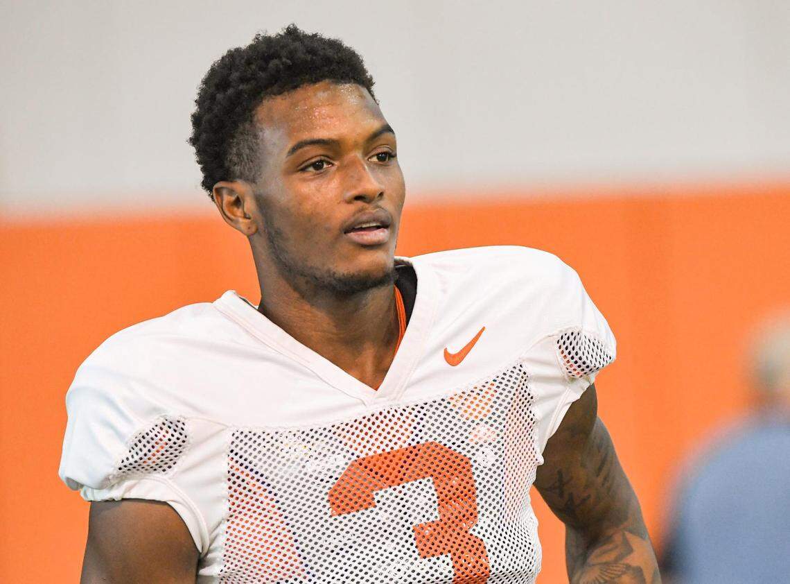 Clemson wide receiver Dacari Collins (3) during practice at the Poe Indoor Facility in Clemson in Clemson, S.C. Saturday, December 18, 2021. Clemson Football Practice Dec 18 Saturday