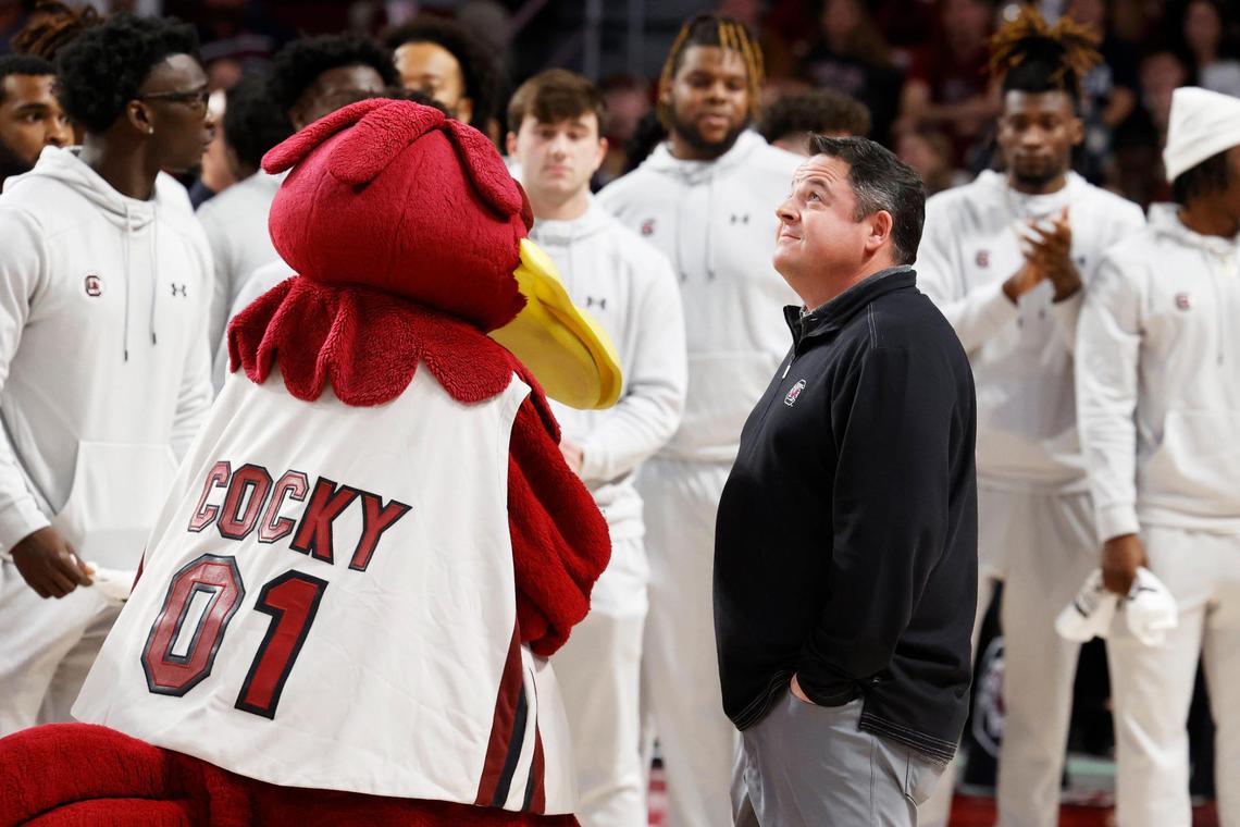 South Carolina Gamecocks football offensive coordinator Dowell Loggains greats the crowd during South Carolina’s game against Auburn on Saturday, January 21, 2023.