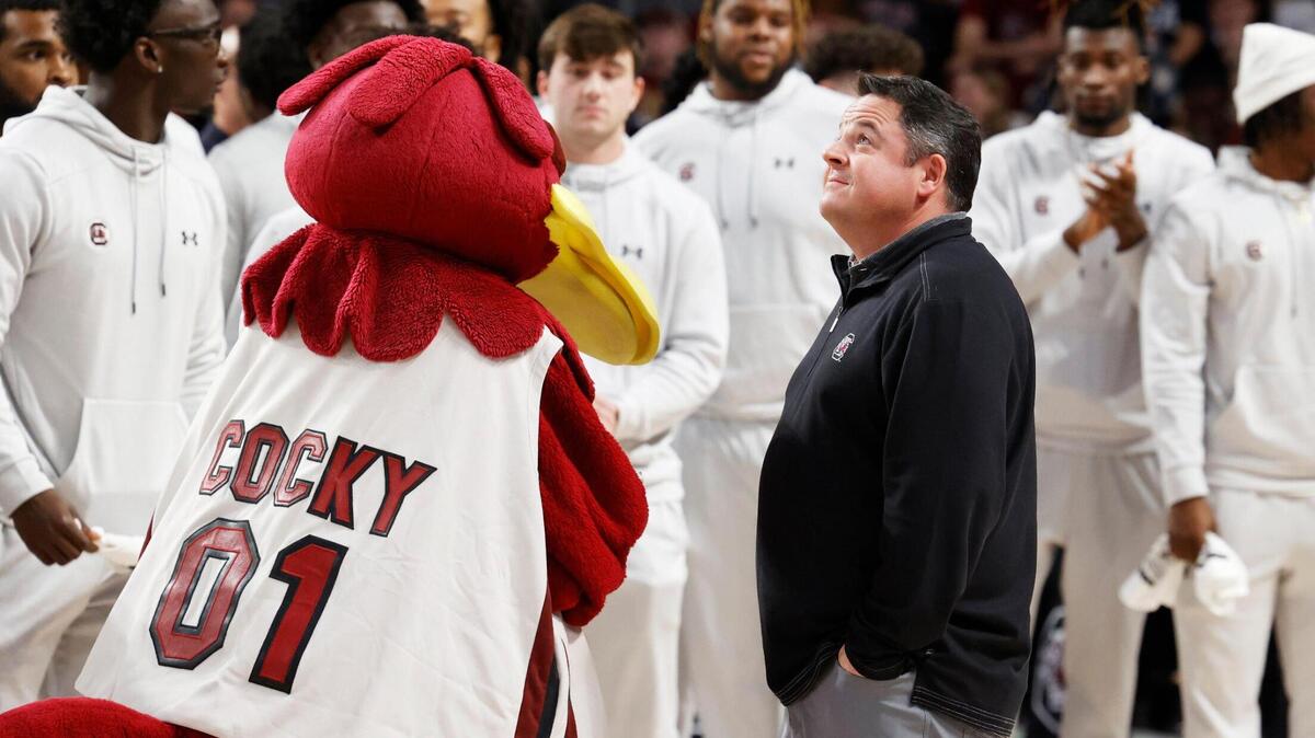 South Carolina Gamecocks football offensive coordinator Dowell Loggains greats the crowd during South Carolina’s game against Auburn on Saturday, January 21, 2023.