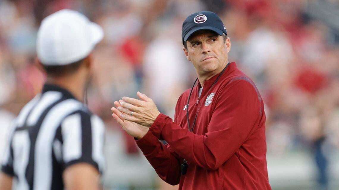 South Carolina Gamecocks head coach Shane Beamer claps during the Garnet & Black game at Williams Brice Stadium on Saturday, April 15, 2023.
